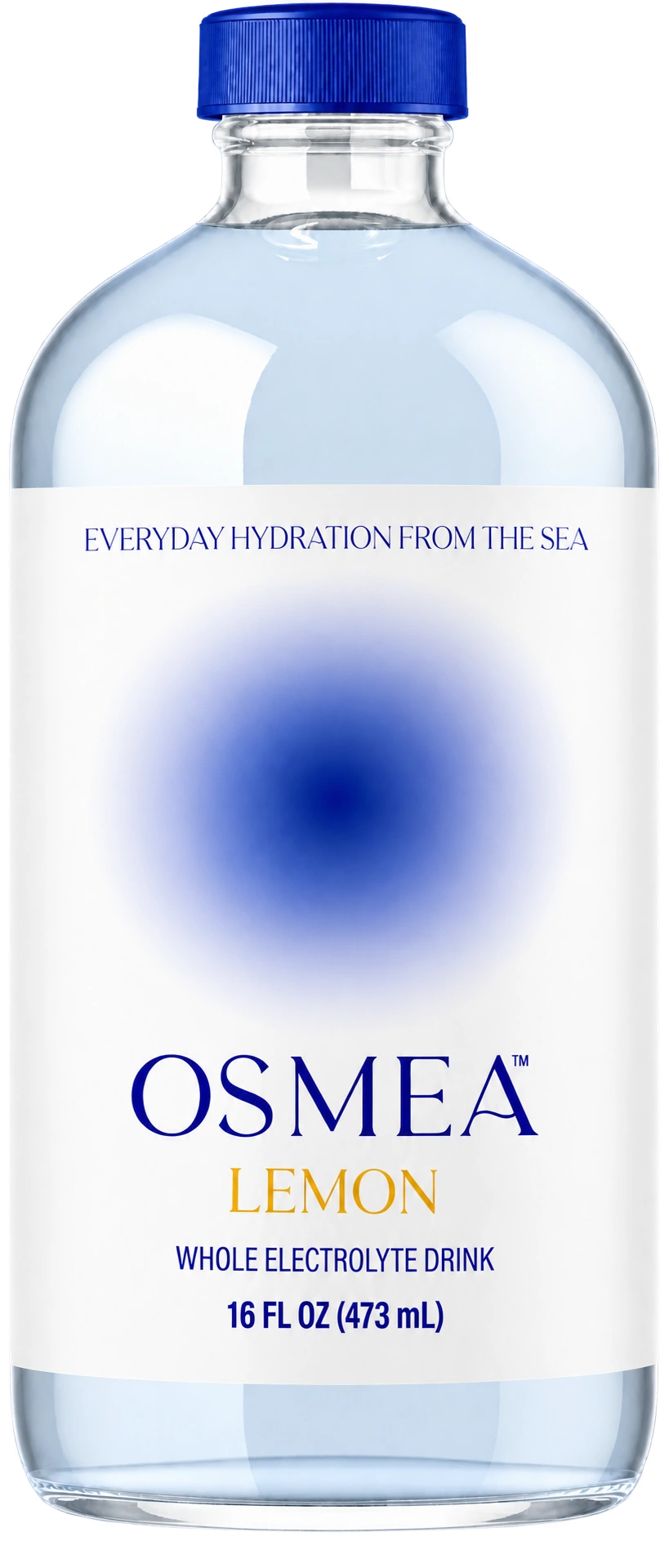 OSMEA Lemon 16 fl oz glass bottle with blue orb and gold LEMON label